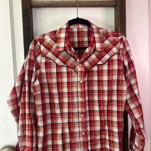 Western Pearl Snap Plaid Shirt Red White Long Sleeve Button Front